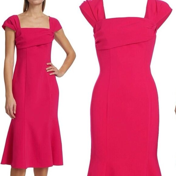 Carolina Herrera Square Neck Trumpet Midi Dress With Cap Sleeves NWT 10 $4590 - Picture 1 of 7